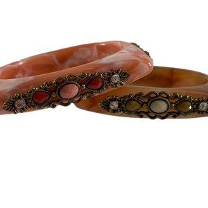 Lot of 2 Plastic Bejeweled Square Bangles Pink Tan Marbling Look Rhinestones
